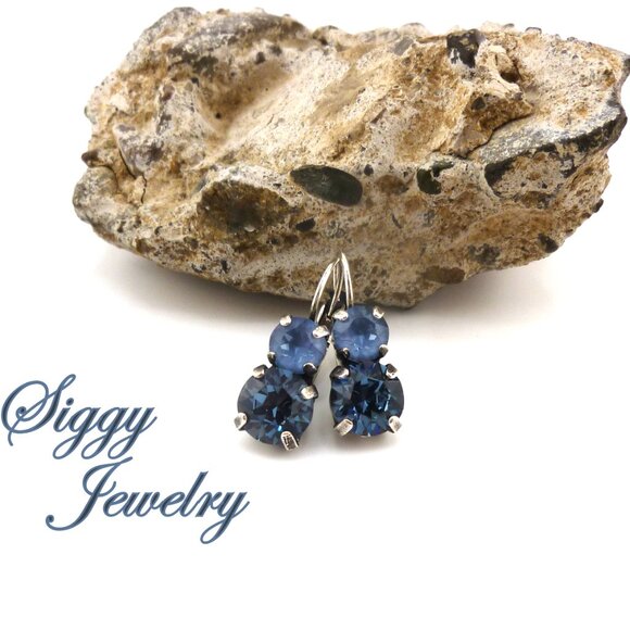 Denim Blue and Denim Ignite Double Drop Austrian Crystal Earrings - Picture 4 of 6